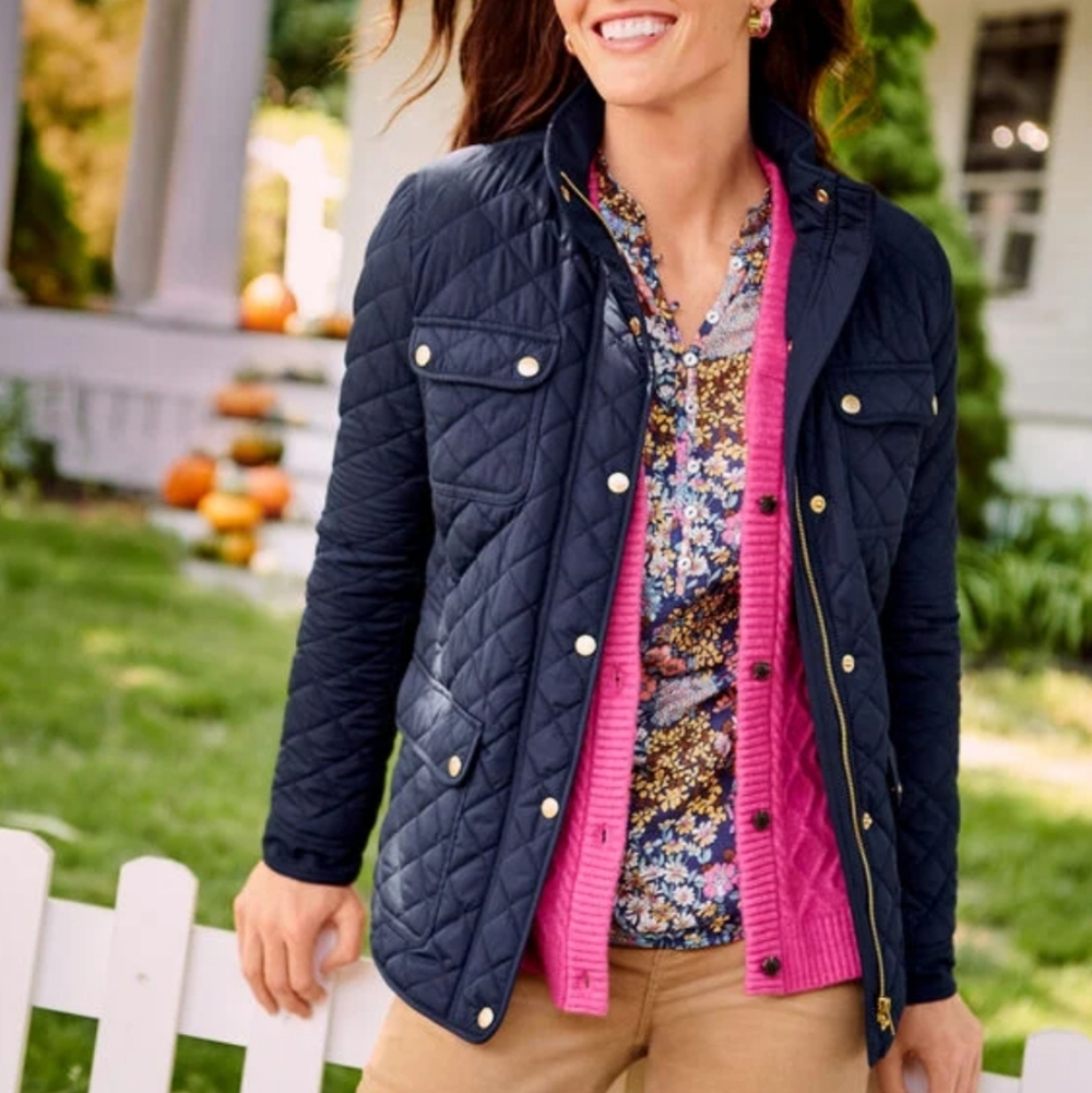 Talbots Classic BLACK Quilted Front Pockets Lined gold Zip Snap Jacket Sz L